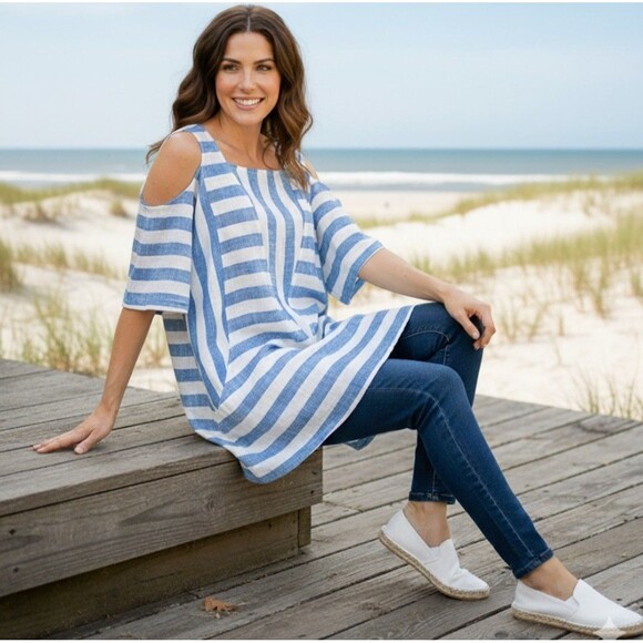 Soft Surroundings Size M Petite Sunset Tunic Blouse Linen Blend Striped Coastal - Picture 1 of 11
